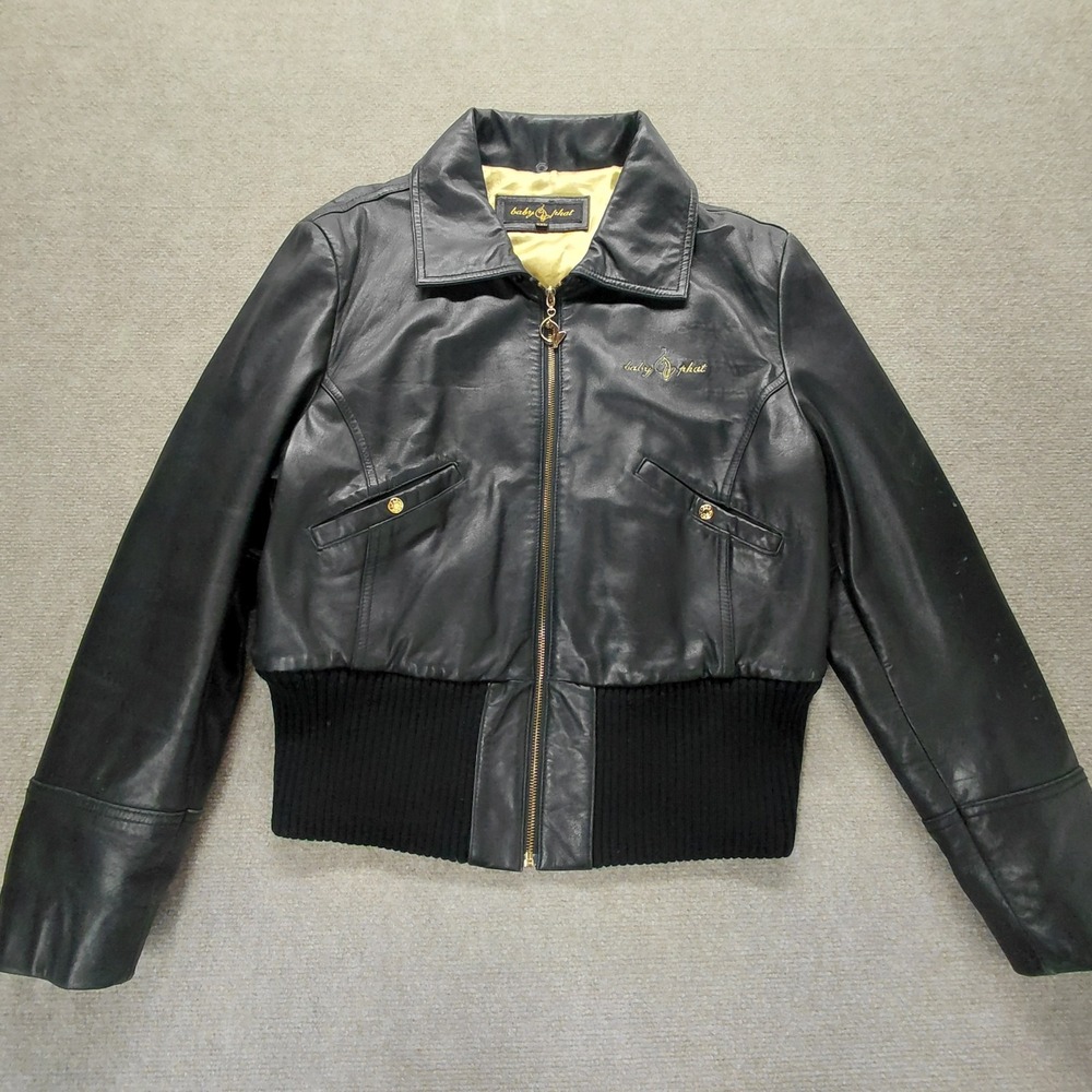 Baby Phat Y2K Black Genuine Leather Collar Women XXL Gold Lined Jacket Coat Read